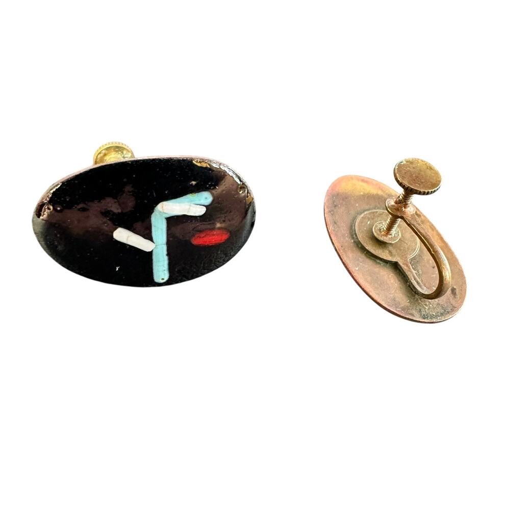Vintage Artsy Oval Enamel Copper Screw Back Earrings Mid Century Art Abstract - Picture 1 of 8